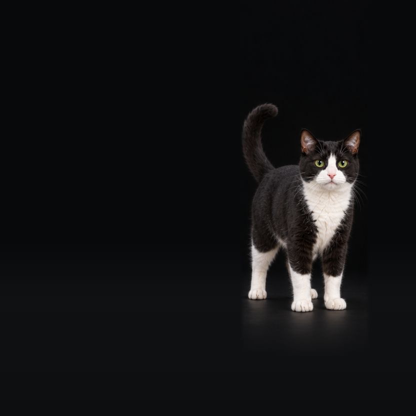 Loui, a black-and-white cat, standing in a pool of light