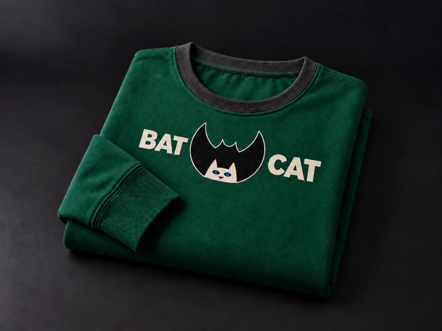 BatCat long-sleeve top, emerald with blue logo eyes