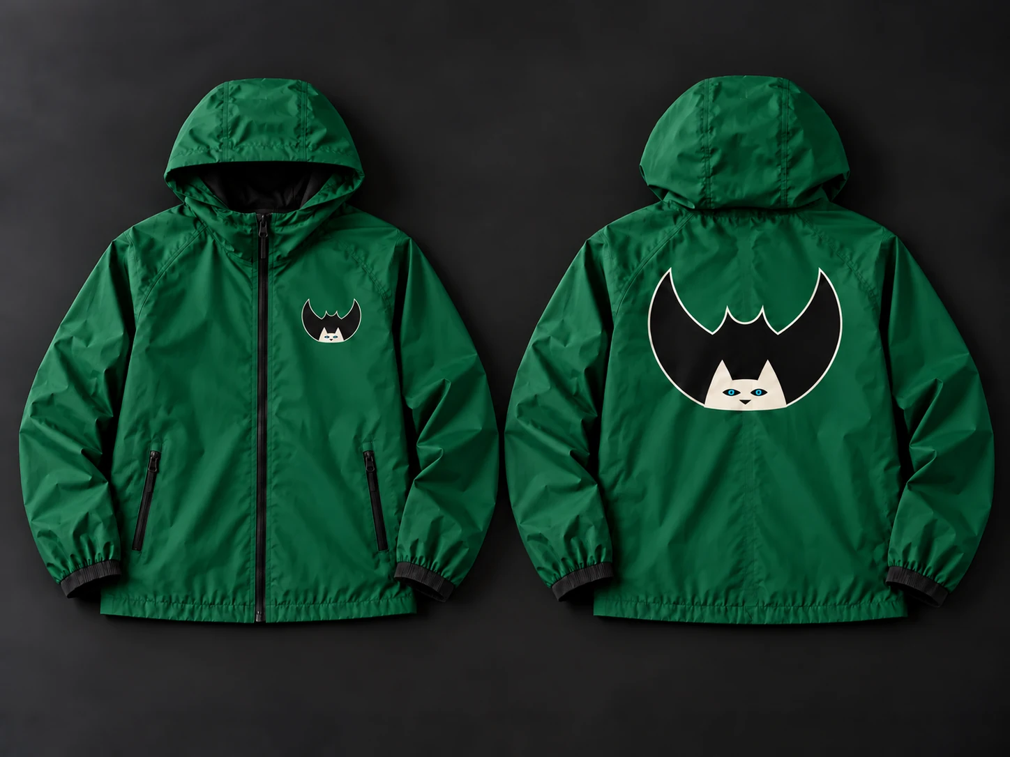 BatCat rain jacket, front and back views